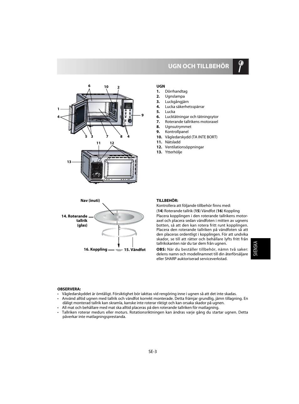 Ugn och tillbehör, Svensk a | Sharp R-28STW Four à micro-ondes solo User Manual | Page 101 / 180