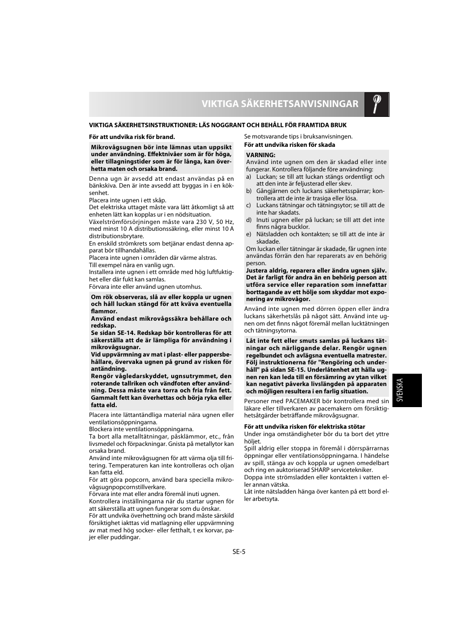 Viktiga säkerhetsanvisningar | Sharp R-28STW Four à micro-ondes solo User Manual | Page 103 / 180