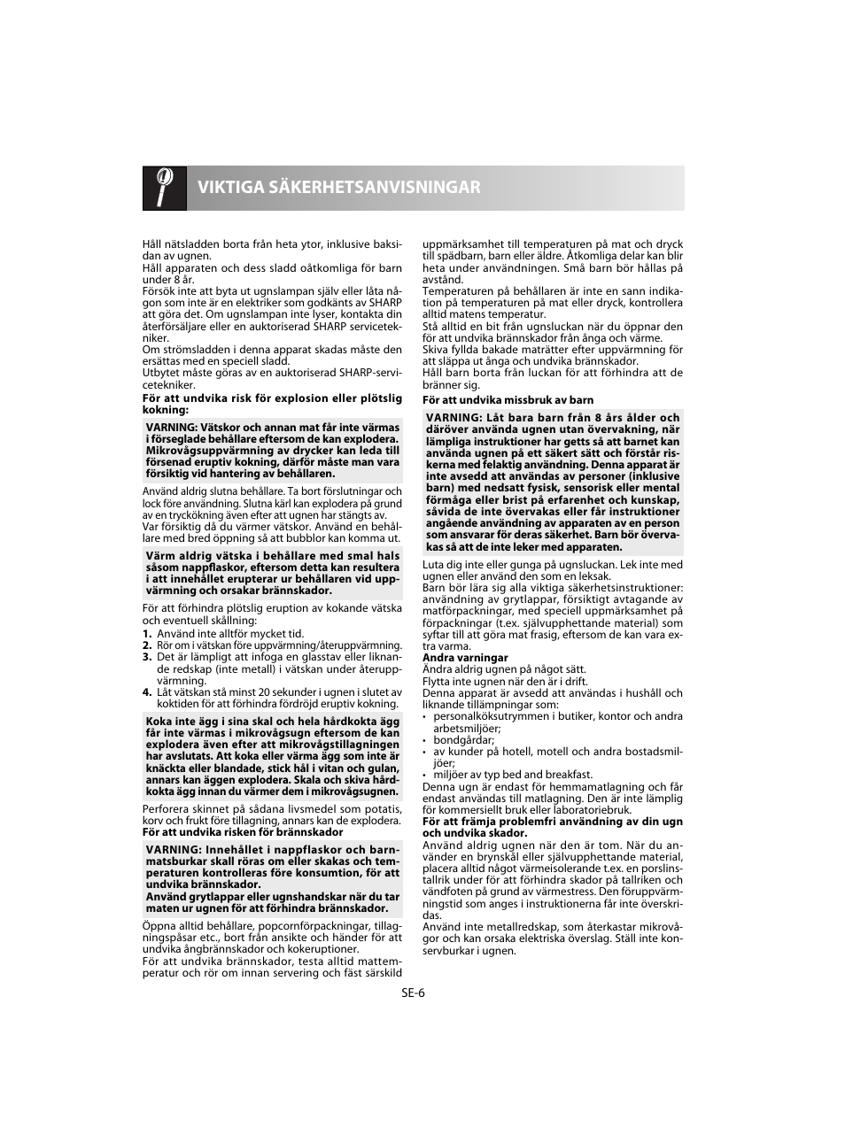 Viktiga säkerhetsanvisningar | Sharp R-28STW Four à micro-ondes solo User Manual | Page 104 / 180