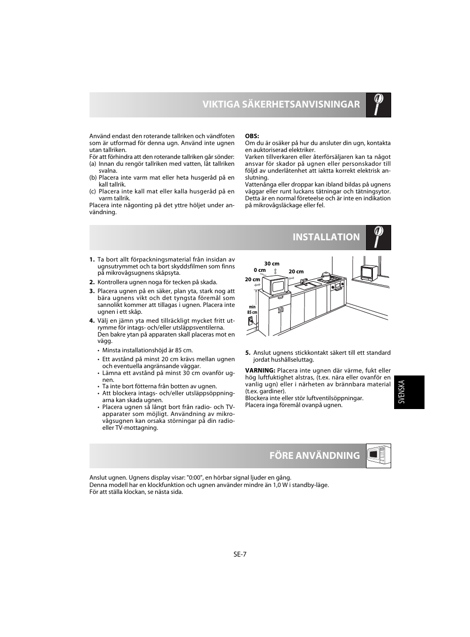 Installation viktiga säkerhetsanvisningar, Före användning | Sharp R-28STW Four à micro-ondes solo User Manual | Page 105 / 180