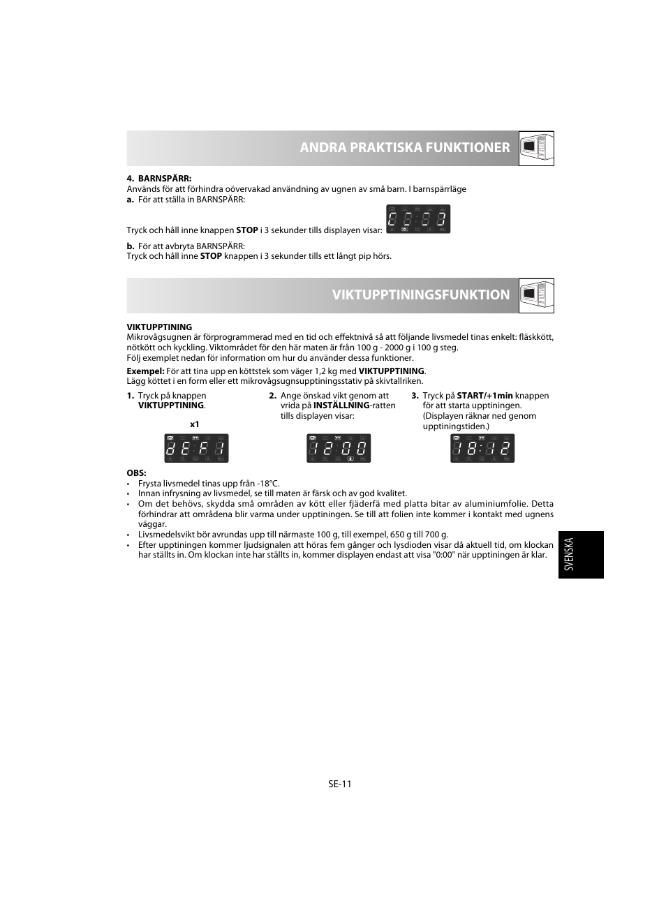 Viktupptiningsfunktion andra praktiska funktioner | Sharp R-28STW Four à micro-ondes solo User Manual | Page 109 / 180