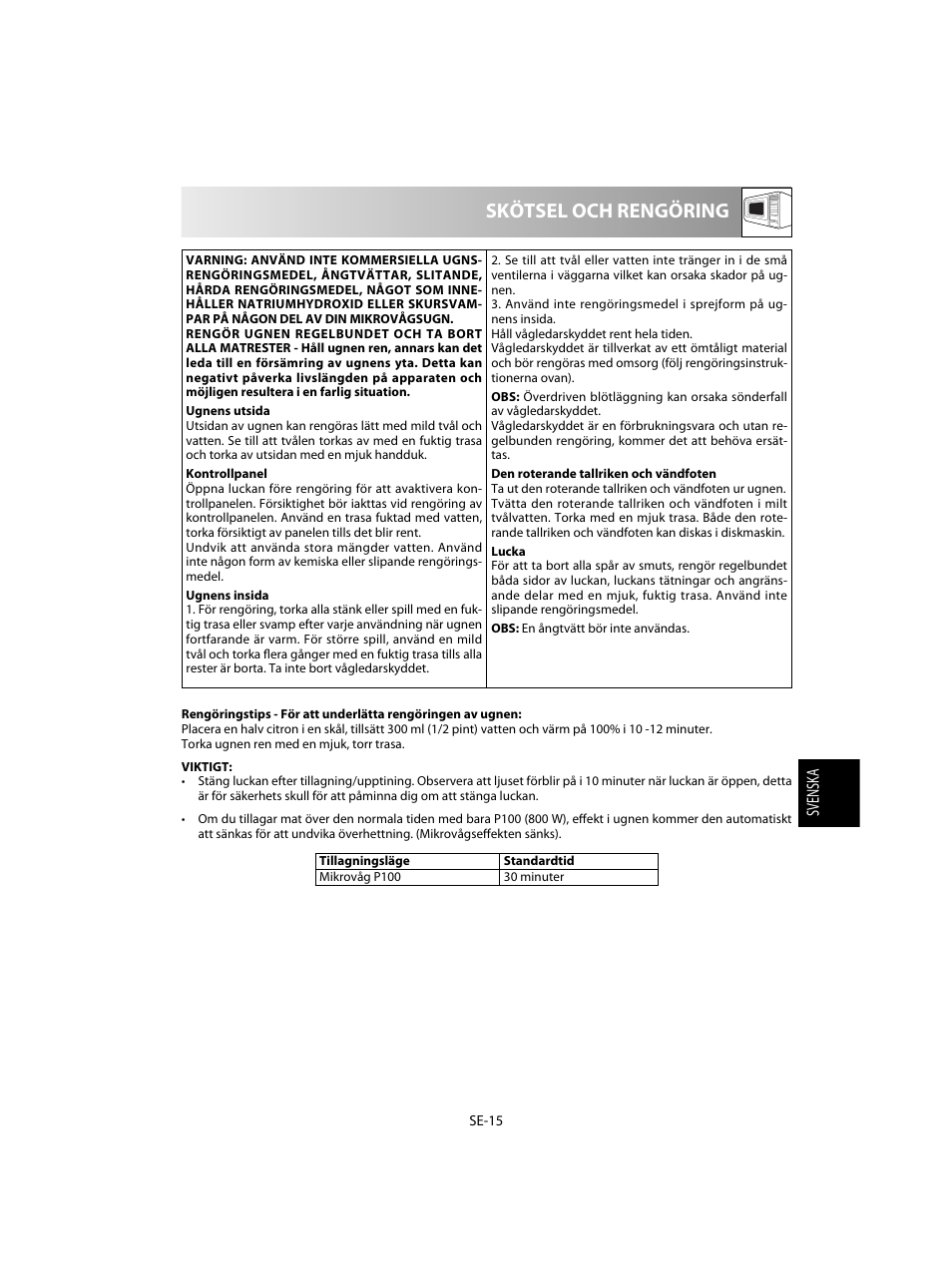 Skötsel och rengöring | Sharp R-28STW Four à micro-ondes solo User Manual | Page 113 / 180