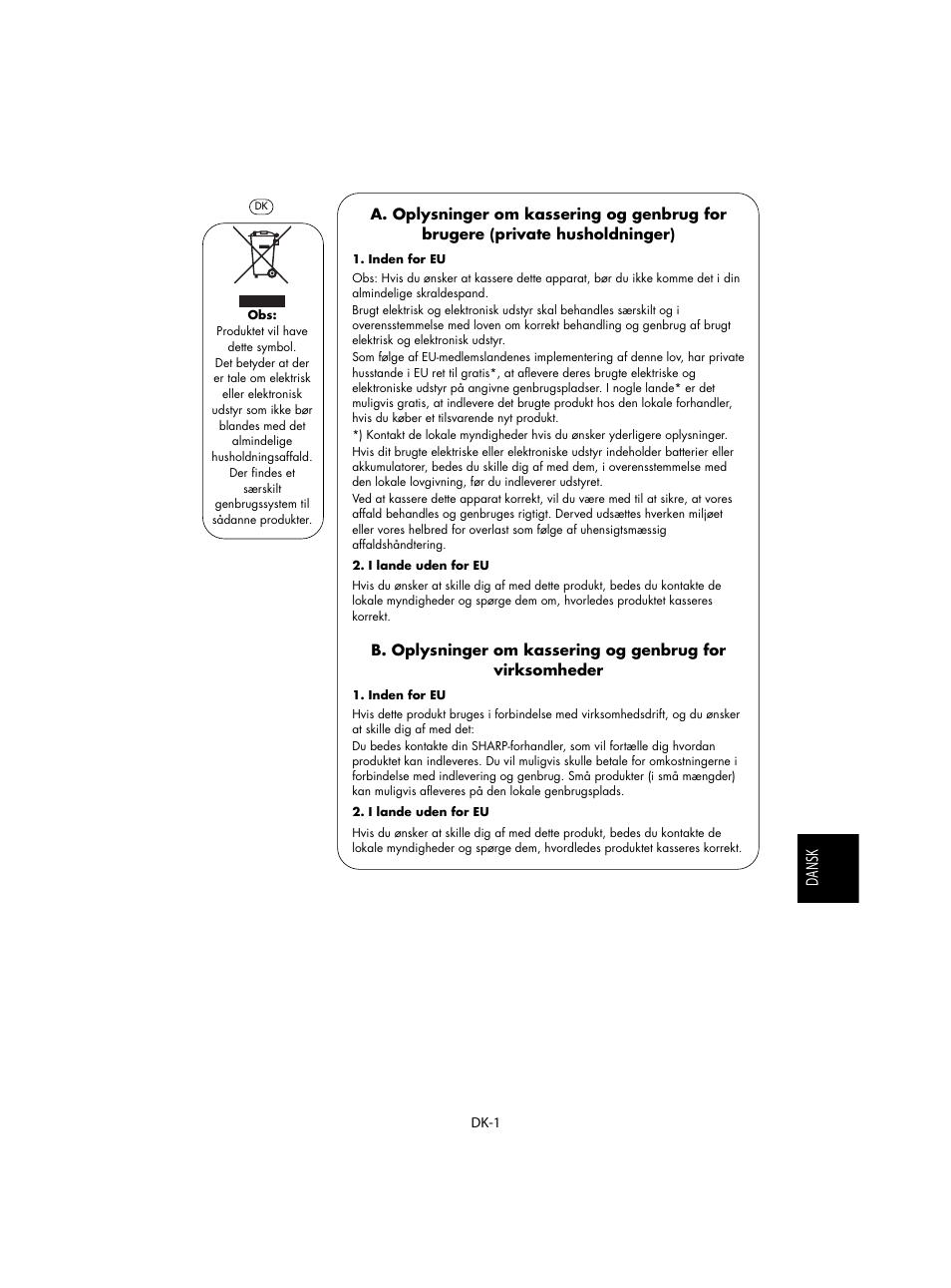 Dansk | Sharp R-28STW Four à micro-ondes solo User Manual | Page 115 / 180