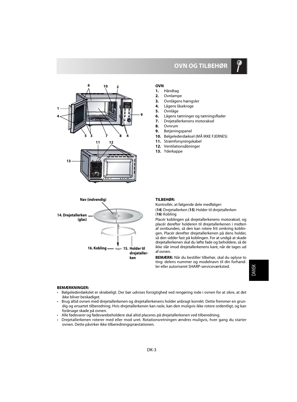 Ovn og tilbehør, Dansk | Sharp R-28STW Four à micro-ondes solo User Manual | Page 117 / 180