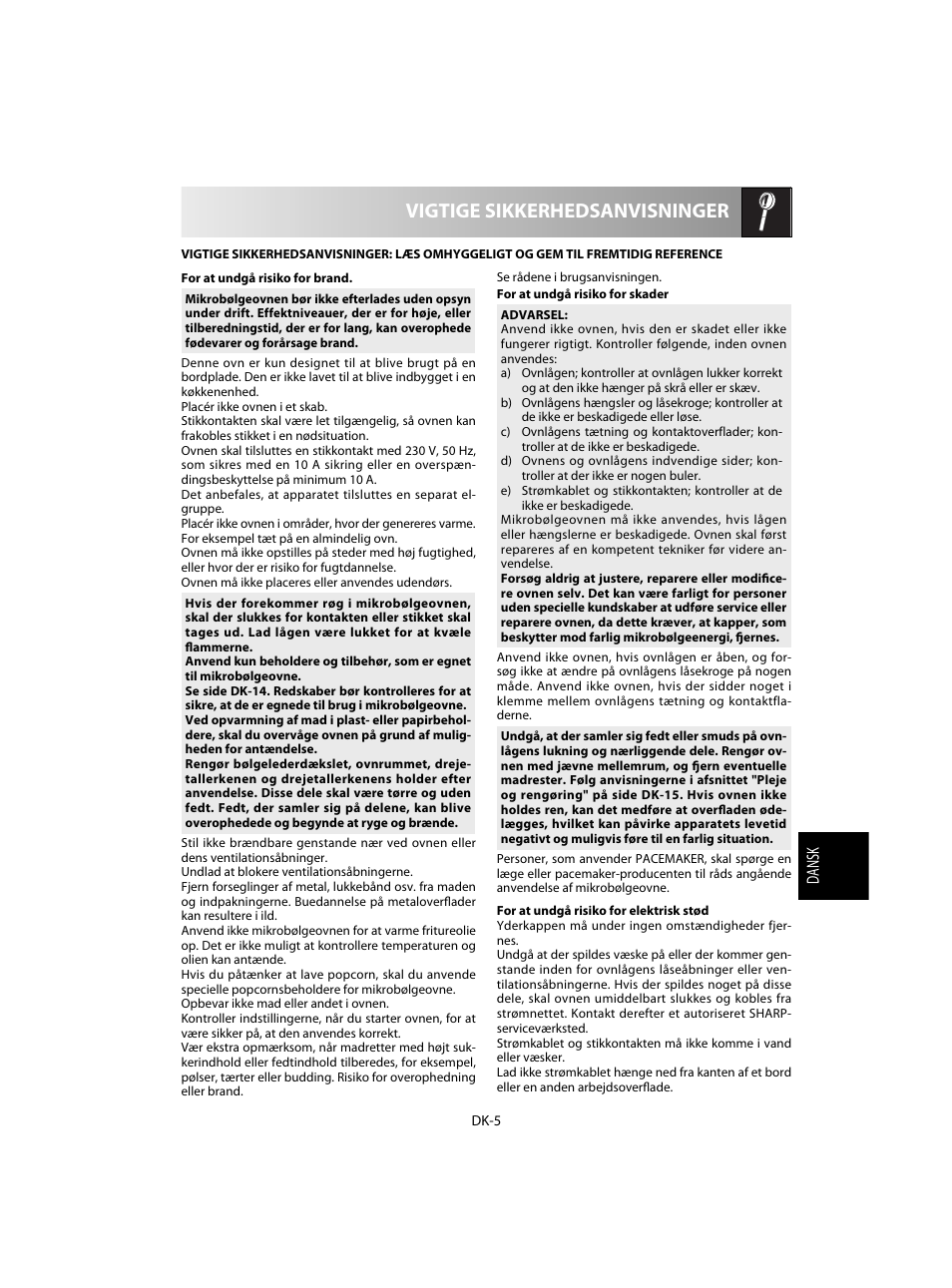 Vigtige sikkerhedsanvisninger | Sharp R-28STW Four à micro-ondes solo User Manual | Page 119 / 180