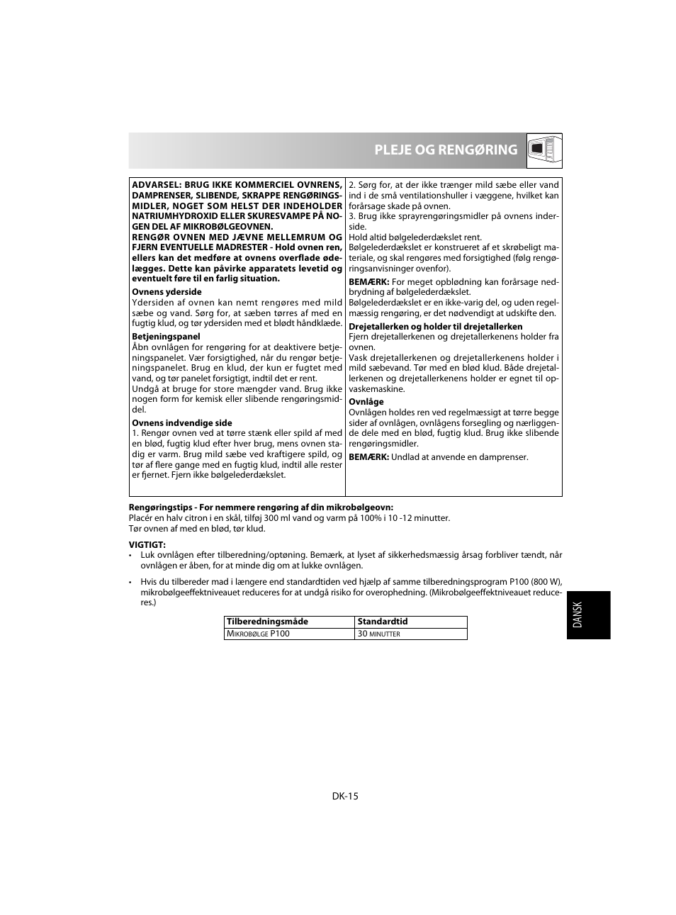 Pleje og rengøring | Sharp R-28STW Four à micro-ondes solo User Manual | Page 129 / 180