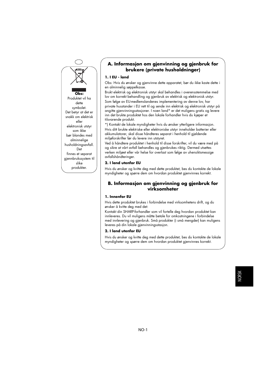 Norsk | Sharp R-28STW Four à micro-ondes solo User Manual | Page 131 / 180