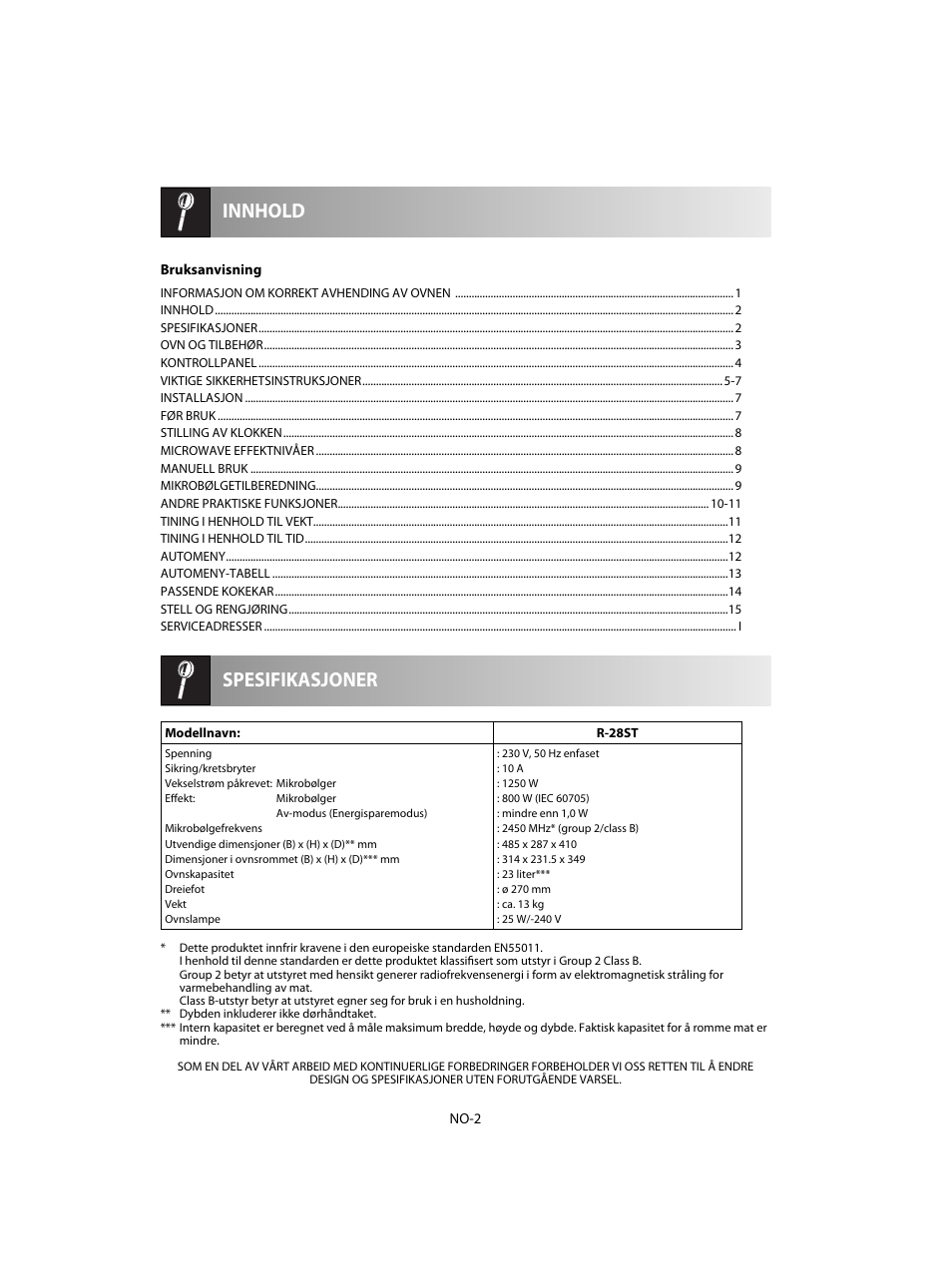 Spesifikasjoner innhold | Sharp R-28STW Four à micro-ondes solo User Manual | Page 132 / 180