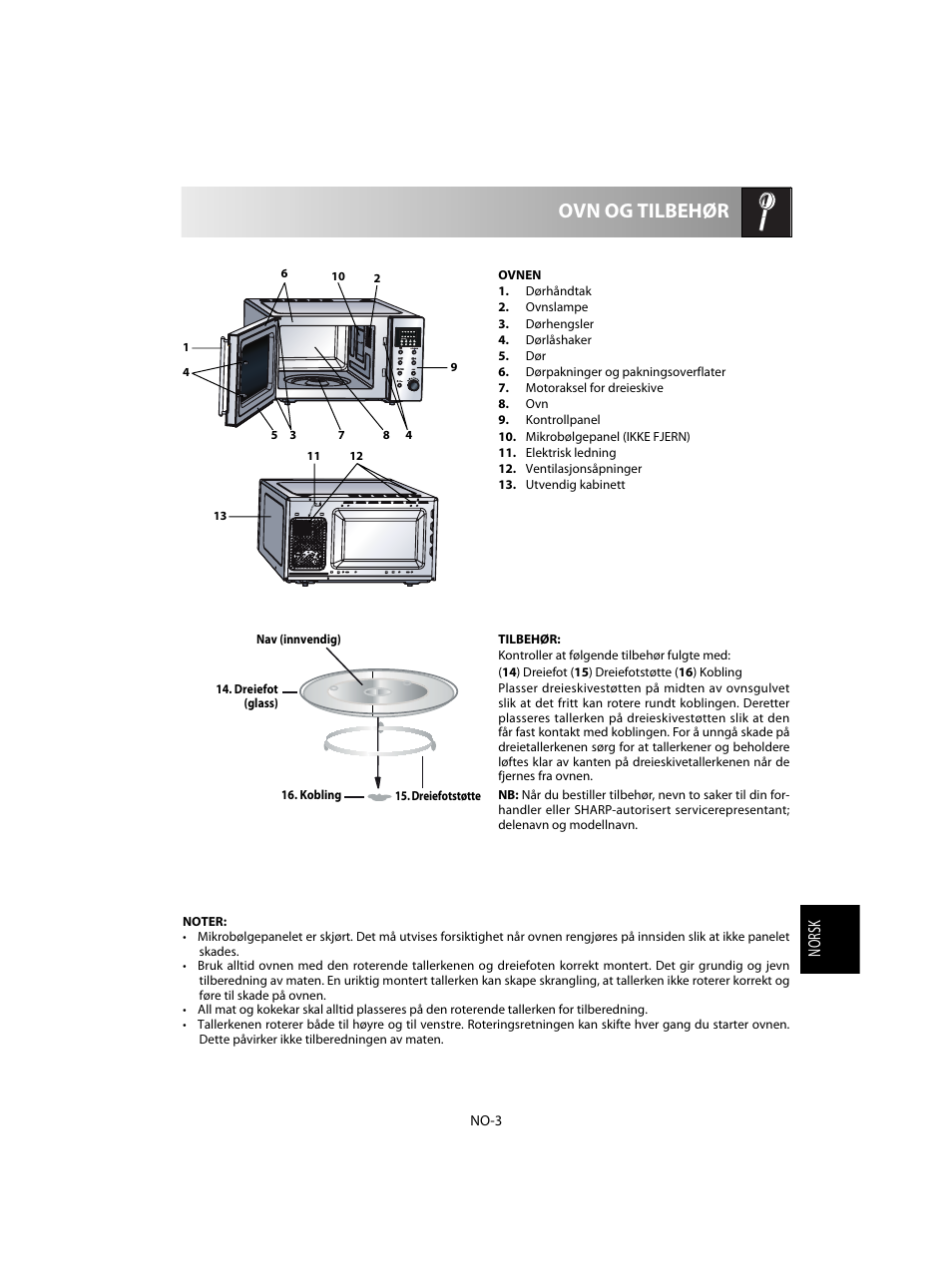 Ovn og tilbehør, Norsk | Sharp R-28STW Four à micro-ondes solo User Manual | Page 133 / 180