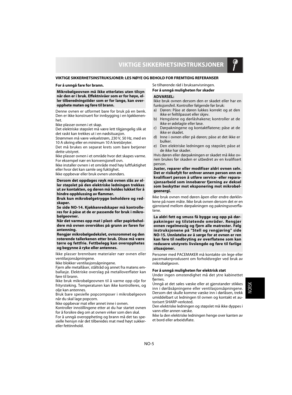 Viktige sikkerhetsinstruksjoner | Sharp R-28STW Four à micro-ondes solo User Manual | Page 135 / 180