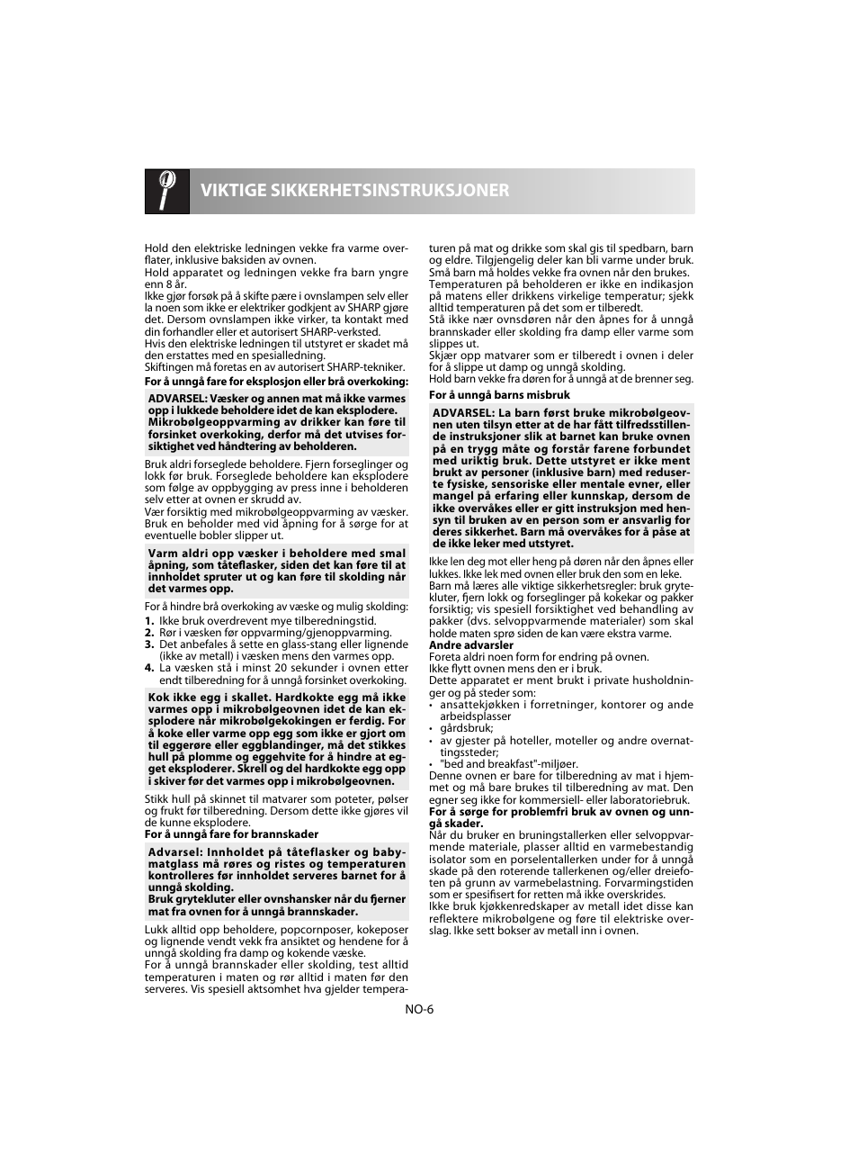 Viktige sikkerhetsinstruksjoner | Sharp R-28STW Four à micro-ondes solo User Manual | Page 136 / 180