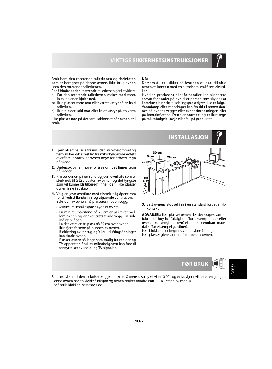 Installasjon viktige sikkerhetsinstruksjoner, Før bruk, Norsk | Sharp R-28STW Four à micro-ondes solo User Manual | Page 137 / 180