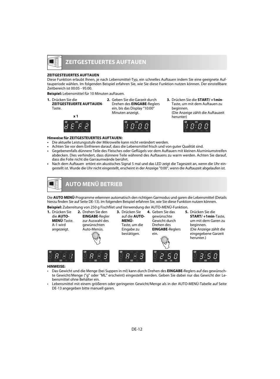 Zeitgesteuertes auftauen, Auto menü betrieb | Sharp R-28STW Four à micro-ondes solo User Manual | Page 14 / 180