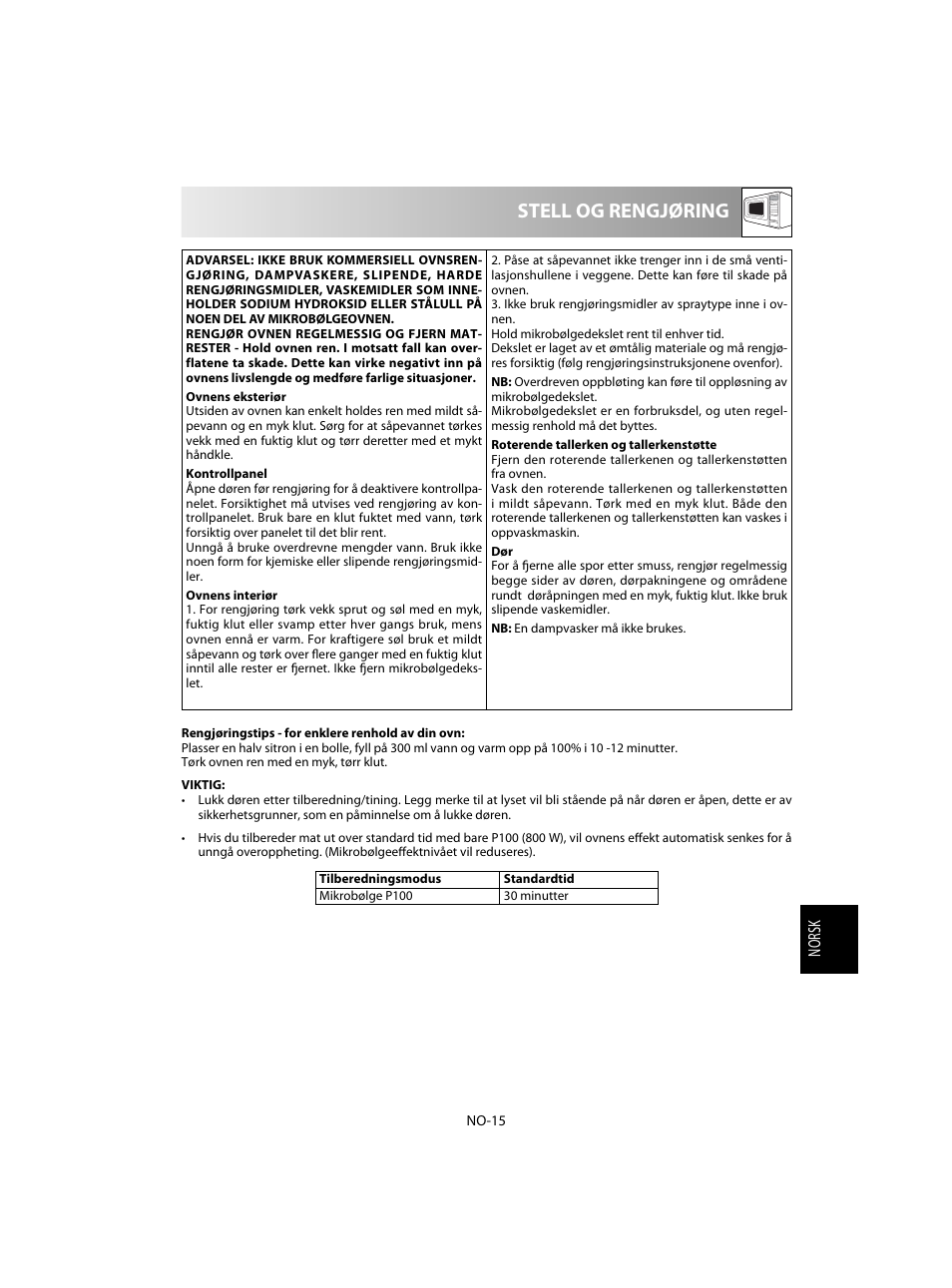 Stell og rengjøring | Sharp R-28STW Four à micro-ondes solo User Manual | Page 145 / 180