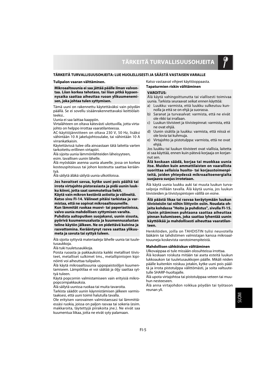 Tärkeitä turvallisuusohjeita | Sharp R-28STW Four à micro-ondes solo User Manual | Page 151 / 180