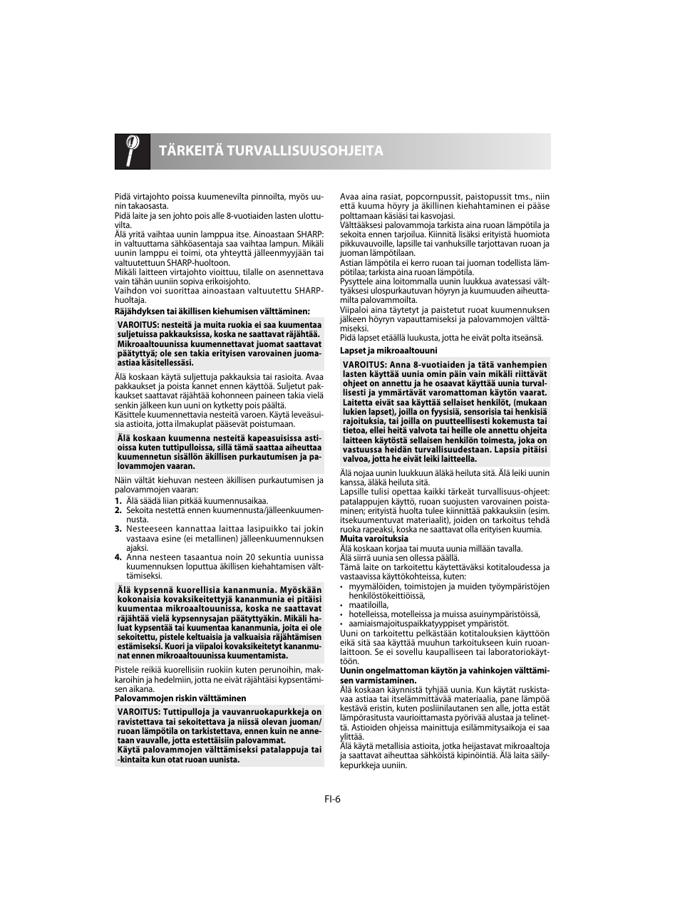 Tärkeitä turvallisuusohjeita | Sharp R-28STW Four à micro-ondes solo User Manual | Page 152 / 180