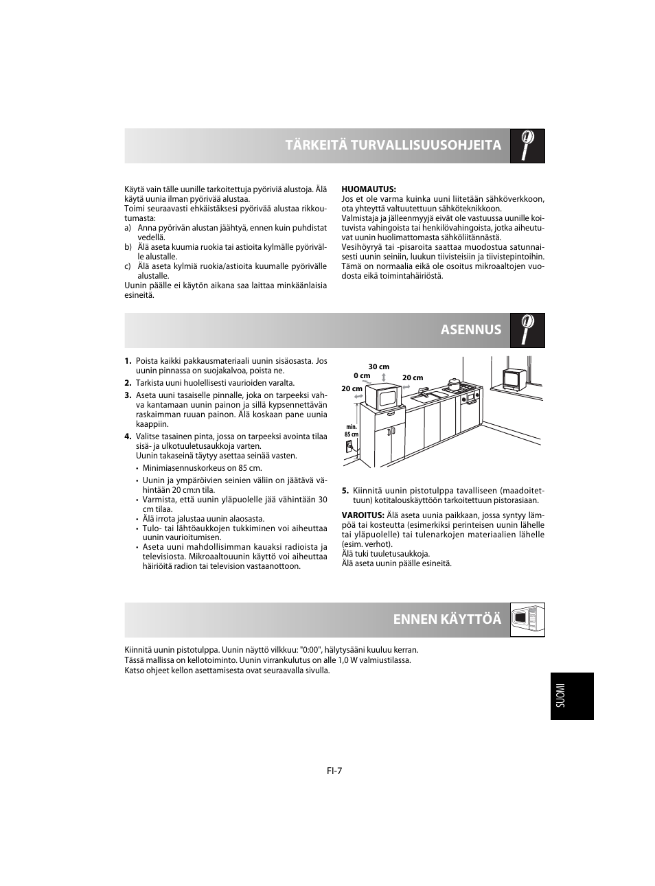 Asennus tärkeitä turvallisuusohjeita, Ennen käyttöä, Suomi | Sharp R-28STW Four à micro-ondes solo User Manual | Page 153 / 180