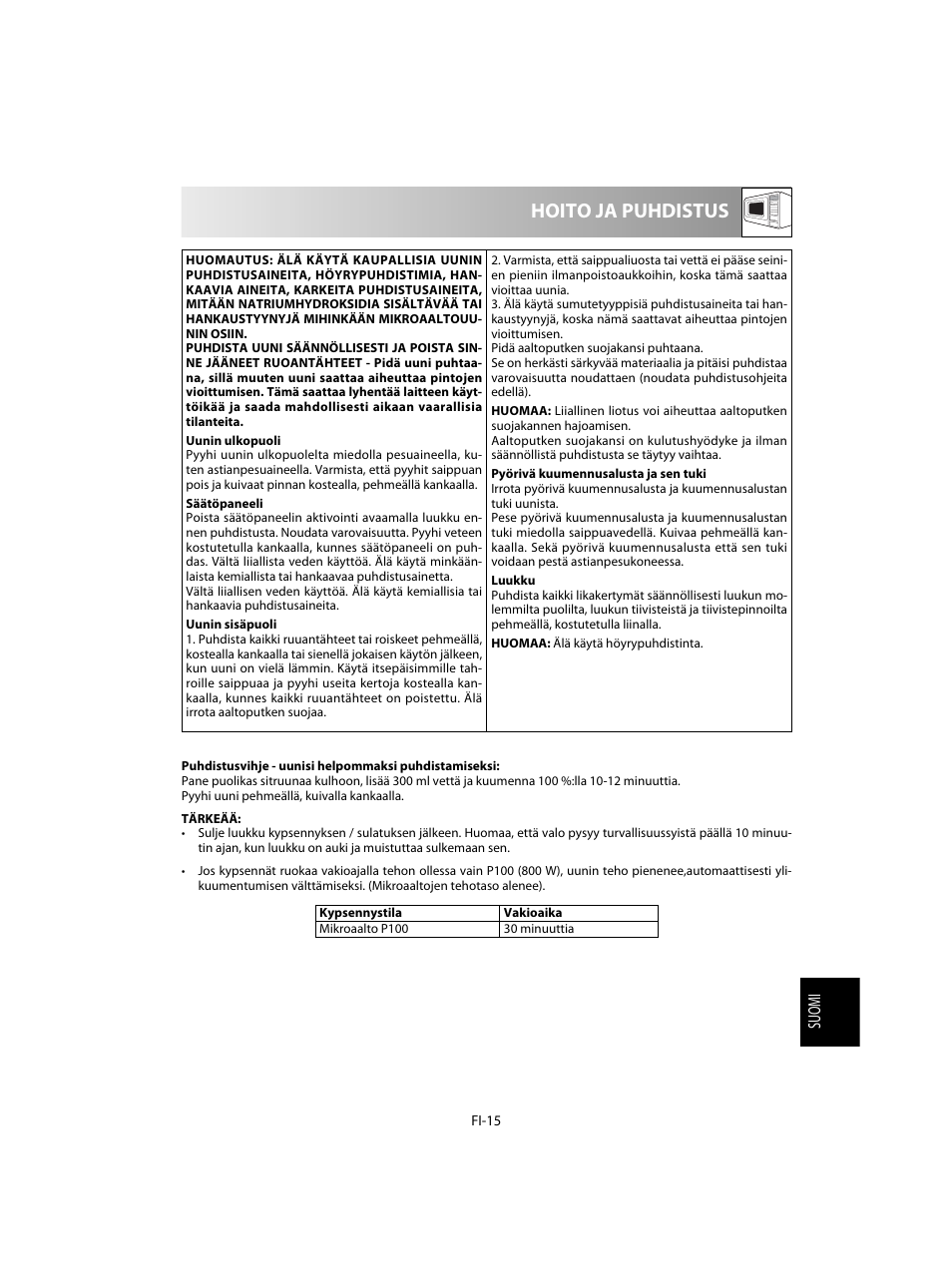 Hoito ja puhdistus | Sharp R-28STW Four à micro-ondes solo User Manual | Page 161 / 180