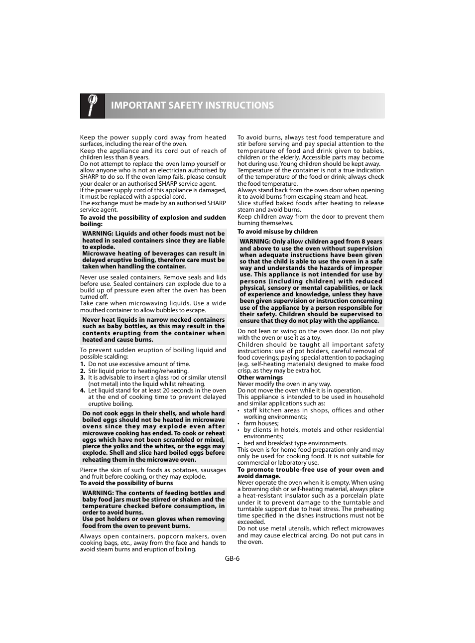 Important safety instructions | Sharp R-28STW Four à micro-ondes solo User Manual | Page 168 / 180