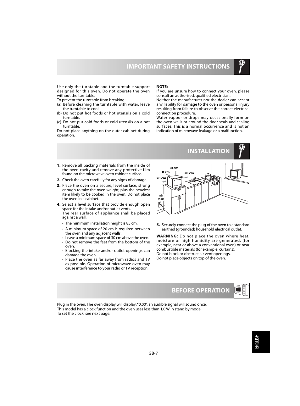 Installation important safety instructions, Before operation, English | Sharp R-28STW Four à micro-ondes solo User Manual | Page 169 / 180