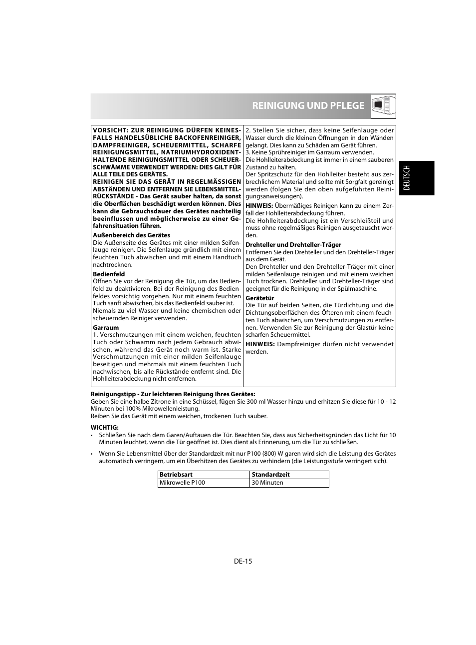 Reinigung und pflege | Sharp R-28STW Four à micro-ondes solo User Manual | Page 17 / 180