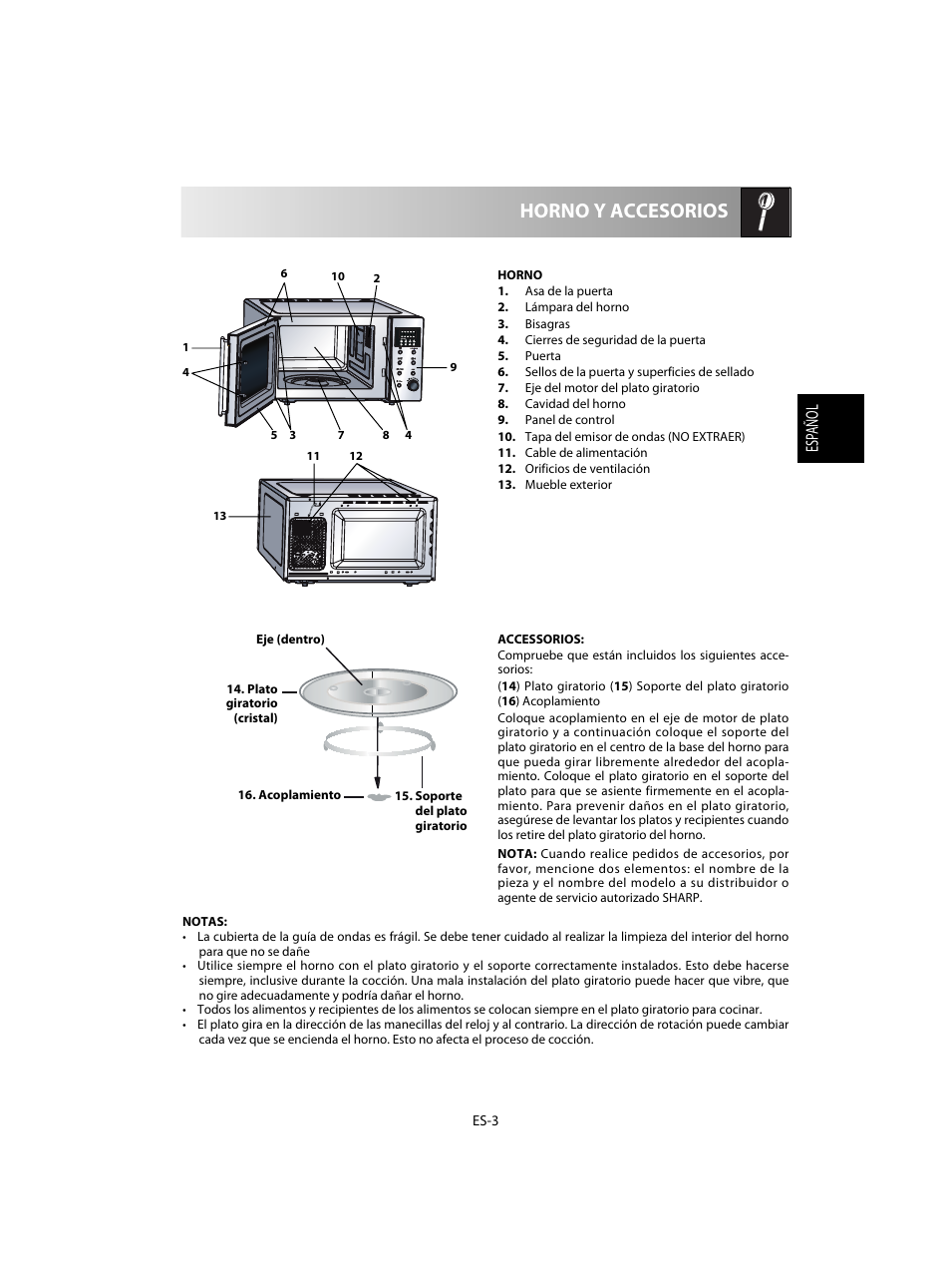 Horno y accesorios, Esp añol | Sharp R-28STW Four à micro-ondes solo User Manual | Page 21 / 180