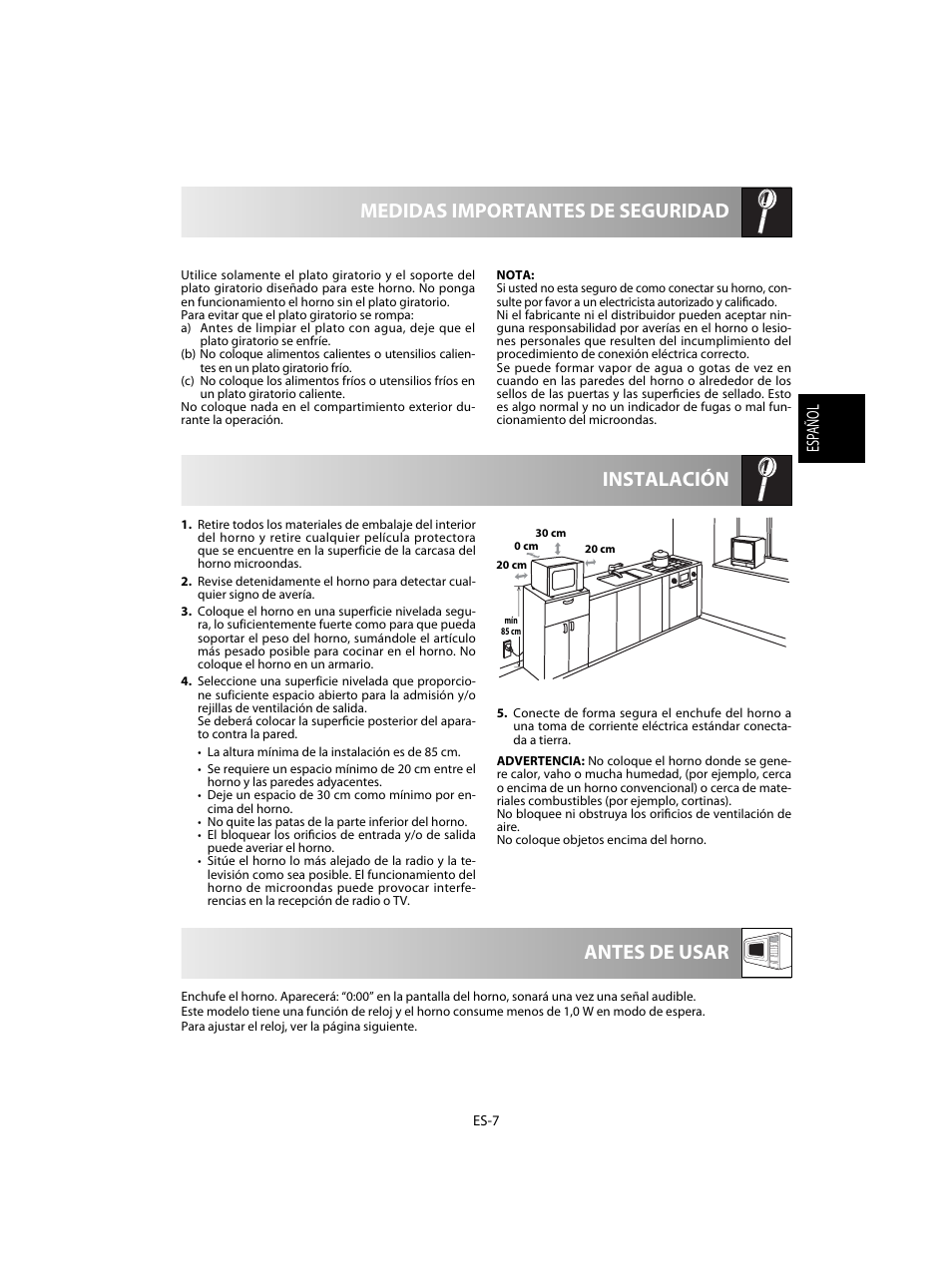 Instalación medidas importantes de seguridad, Antes de usar | Sharp R-28STW Four à micro-ondes solo User Manual | Page 25 / 180