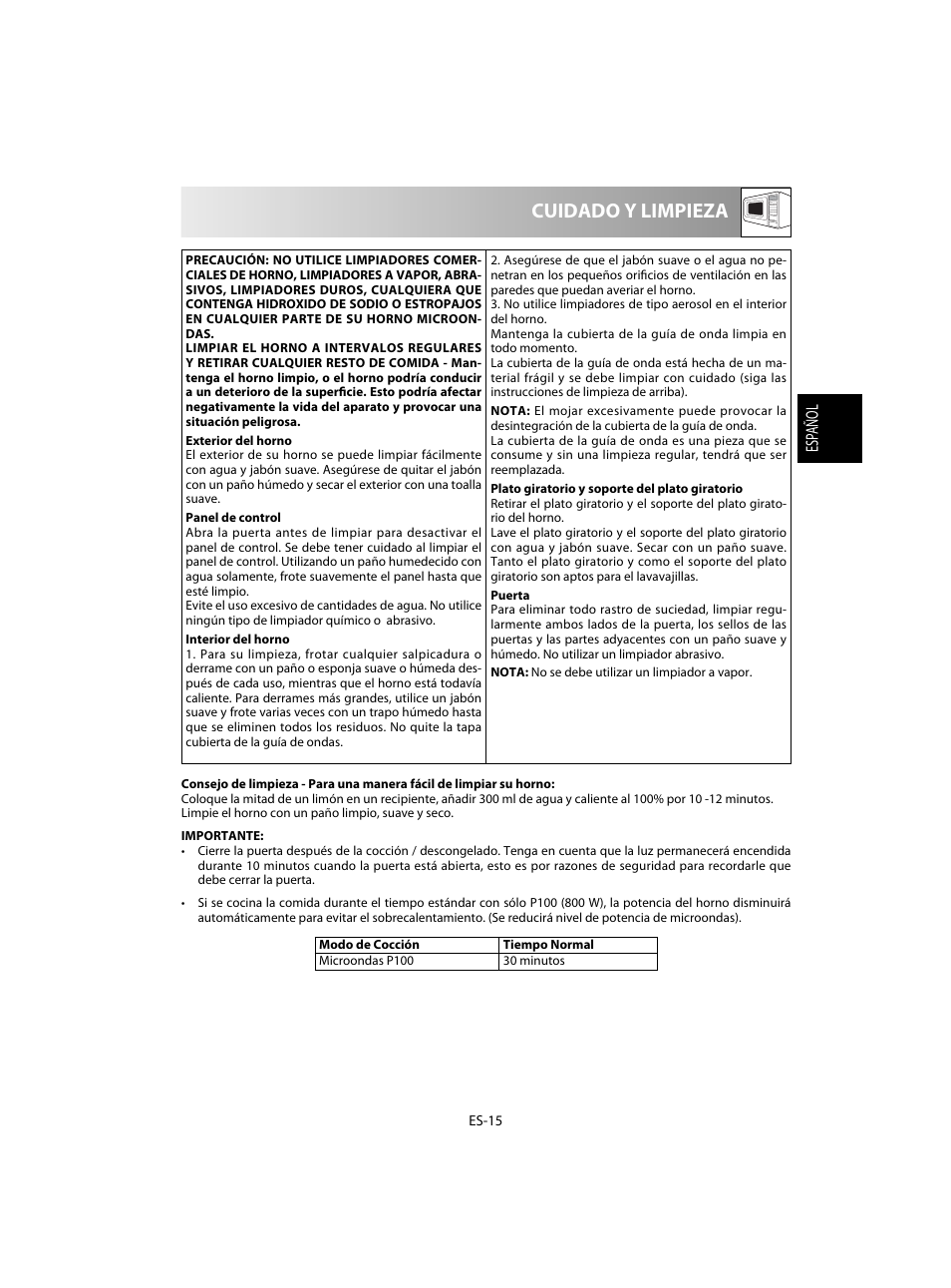 Cuidado y limpieza | Sharp R-28STW Four à micro-ondes solo User Manual | Page 33 / 180