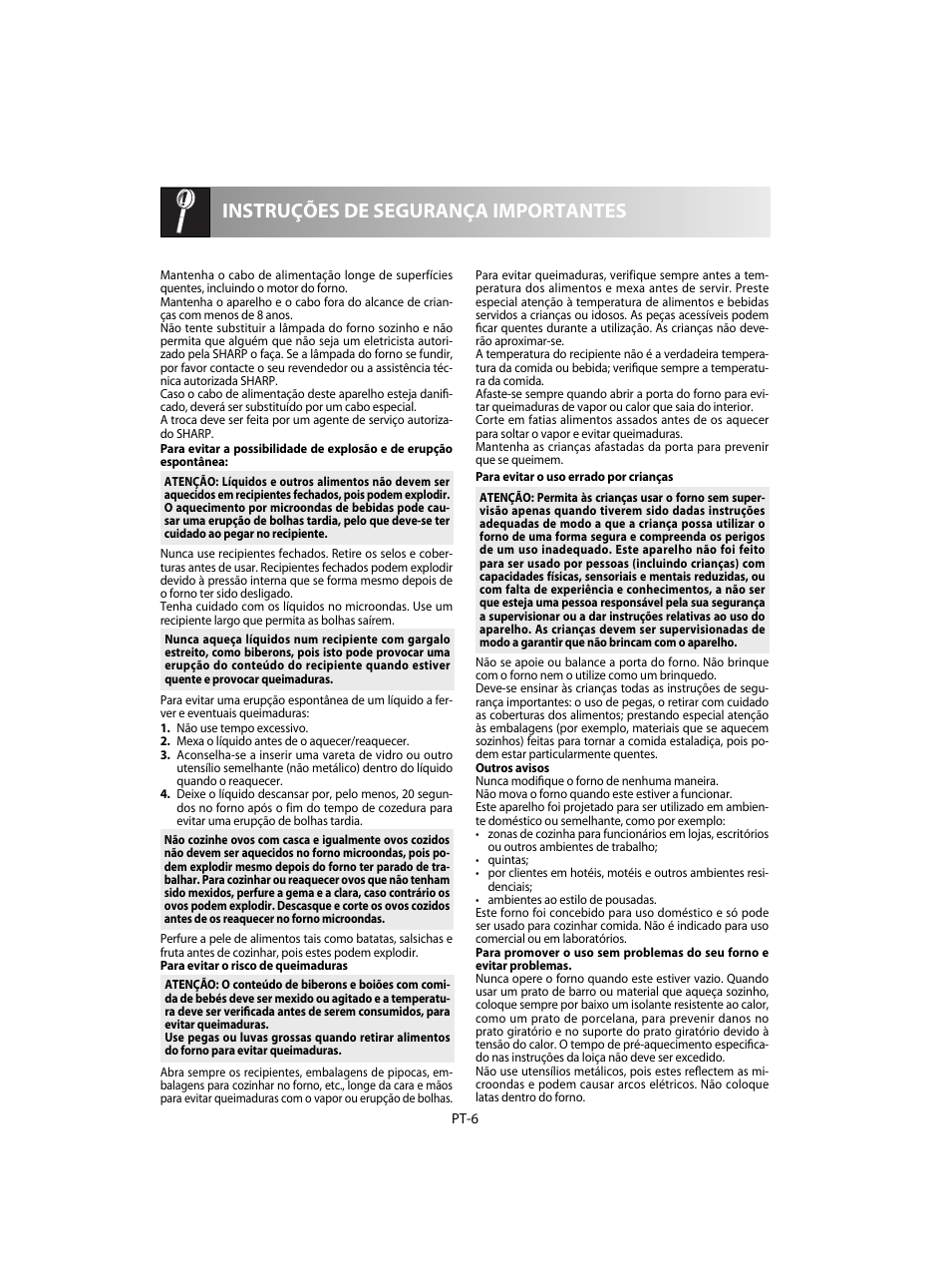 Instruções de segurança importantes | Sharp R-28STW Four à micro-ondes solo User Manual | Page 40 / 180