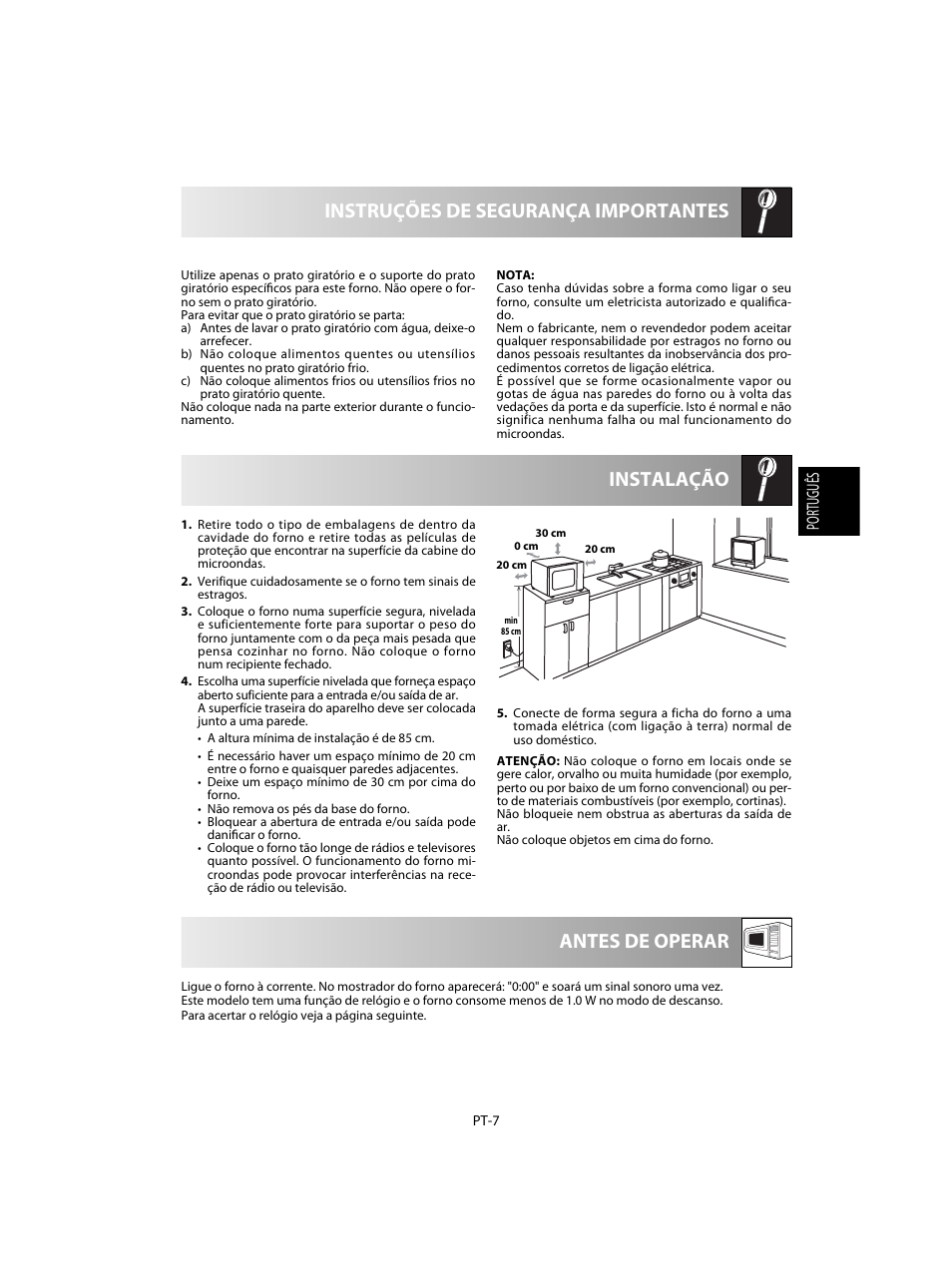 Instalação instruções de segurança importantes, Antes de operar, Português | Sharp R-28STW Four à micro-ondes solo User Manual | Page 41 / 180