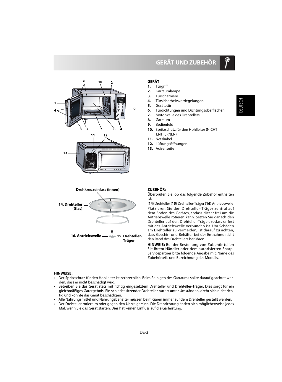 Gerät und zubehör, Deutsch | Sharp R-28STW Four à micro-ondes solo User Manual | Page 5 / 180