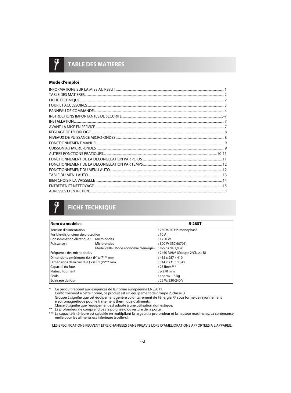 Fiche technique table des matieres | Sharp R-28STW Four à micro-ondes solo User Manual | Page 52 / 180