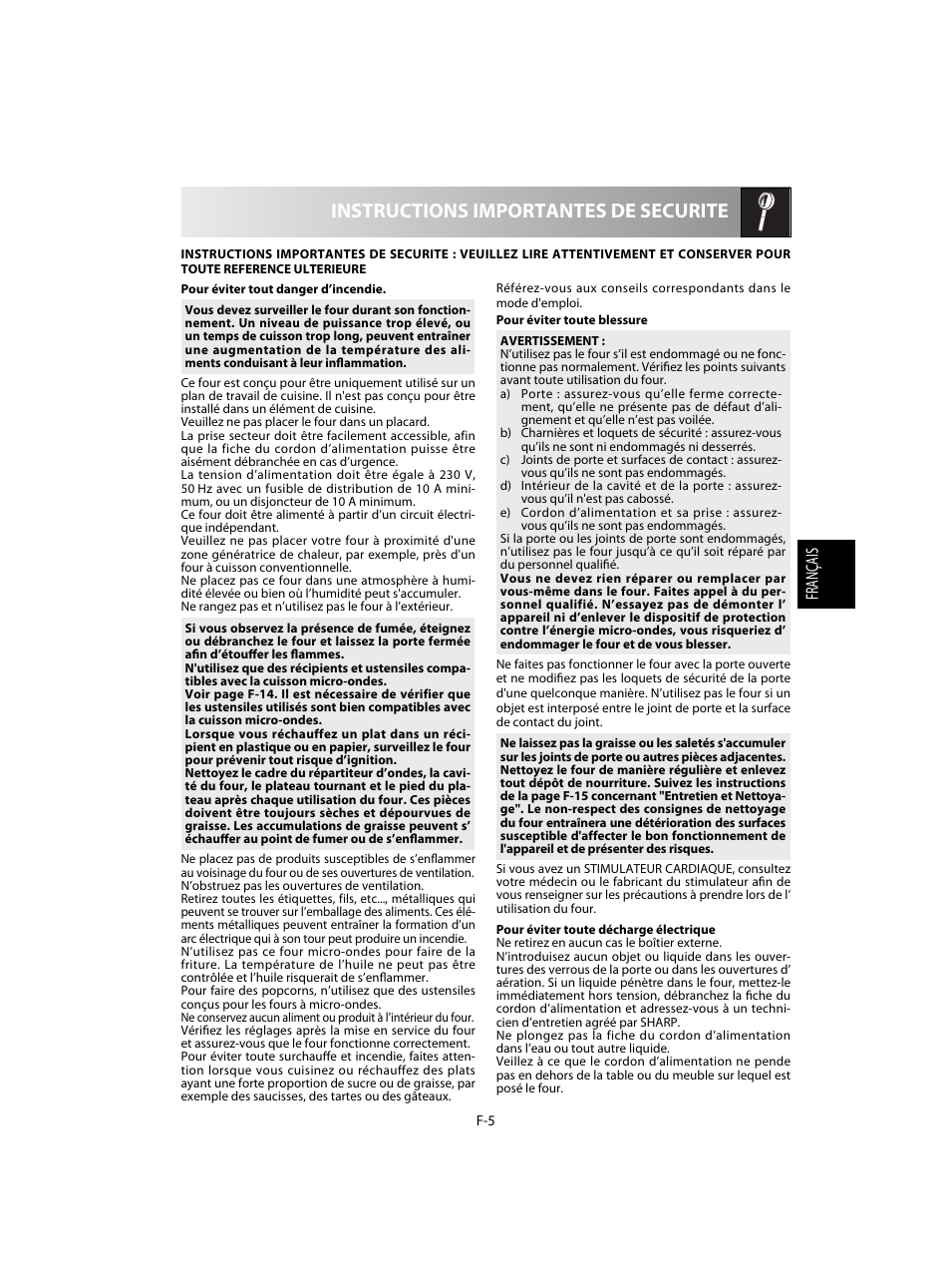 Instructions importantes de securite | Sharp R-28STW Four à micro-ondes solo User Manual | Page 55 / 180