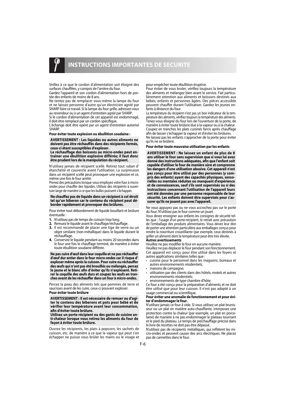 Instructions importantes de securite | Sharp R-28STW Four à micro-ondes solo User Manual | Page 56 / 180