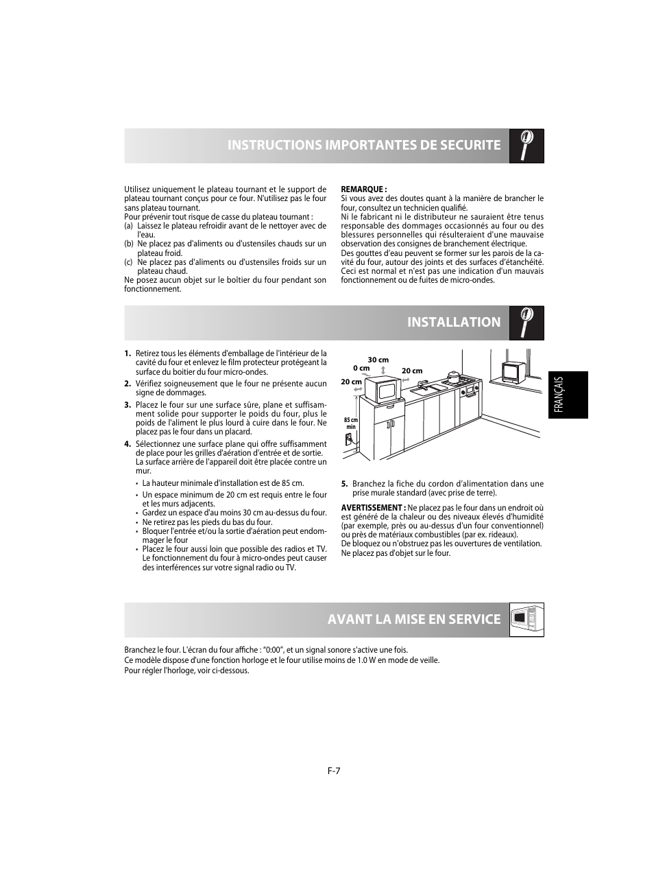 Installation instructions importantes de securite, Avant la mise en service, Français | Sharp R-28STW Four à micro-ondes solo User Manual | Page 57 / 180