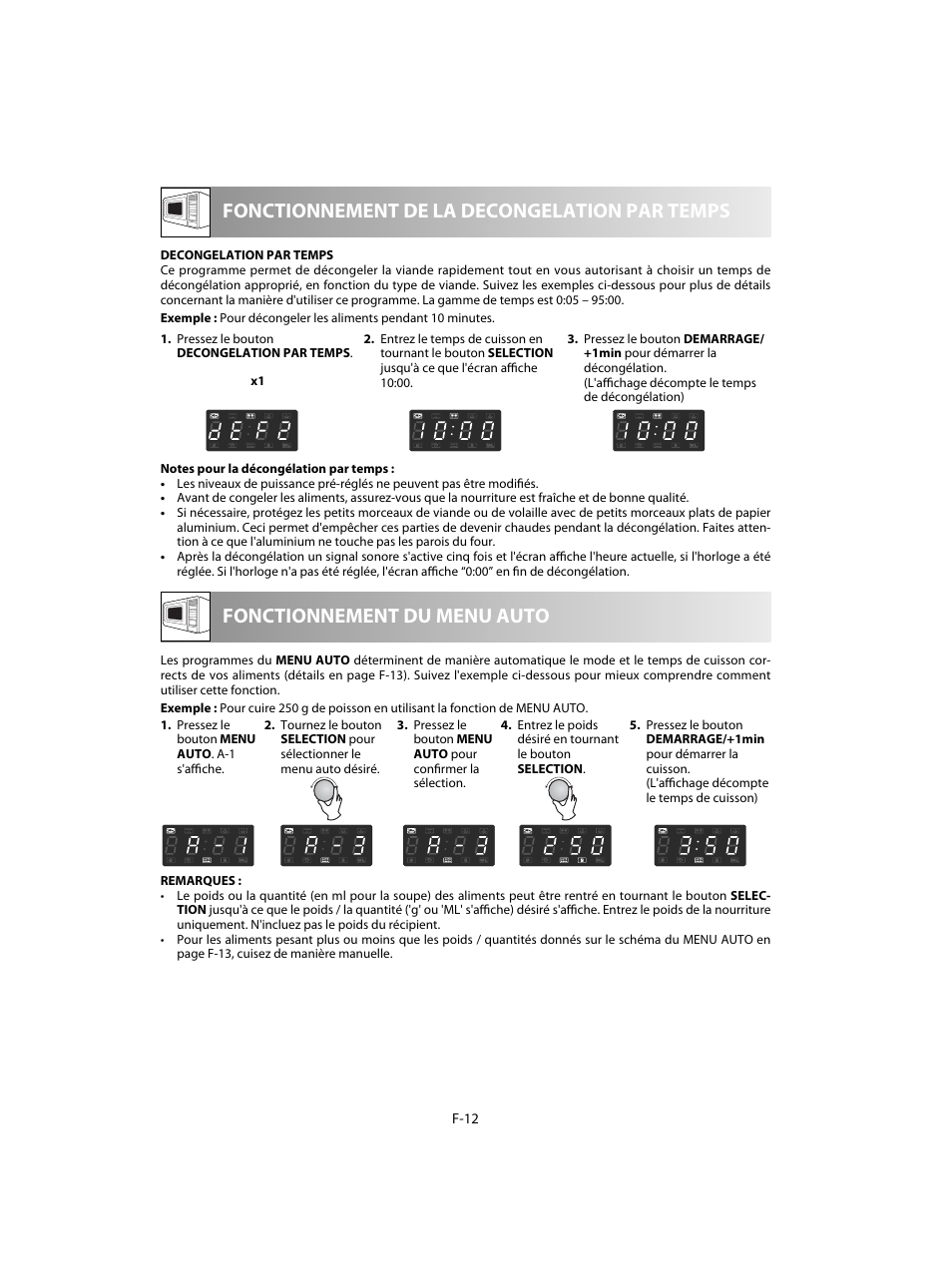 Fonctionnement de la decongelation par temps, Fonctionnement du menu auto | Sharp R-28STW Four à micro-ondes solo User Manual | Page 62 / 180