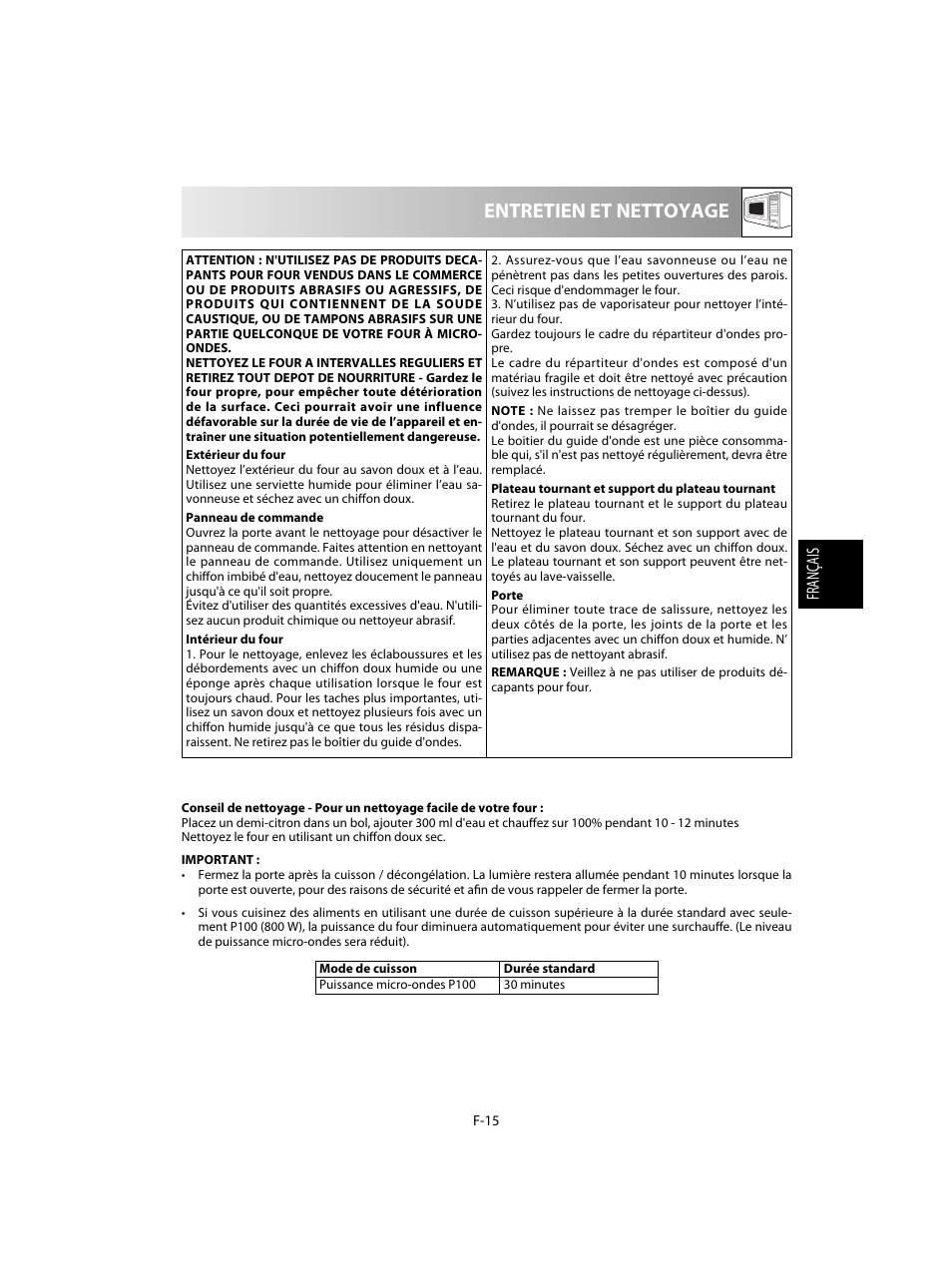 Entretien et nettoyage | Sharp R-28STW Four à micro-ondes solo User Manual | Page 65 / 180