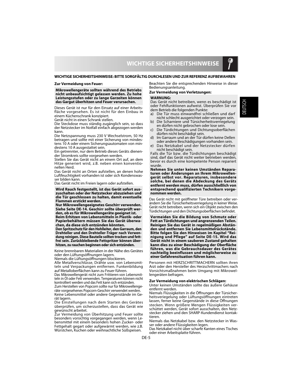 Wichtige sicherheitshinweise | Sharp R-28STW Four à micro-ondes solo User Manual | Page 7 / 180