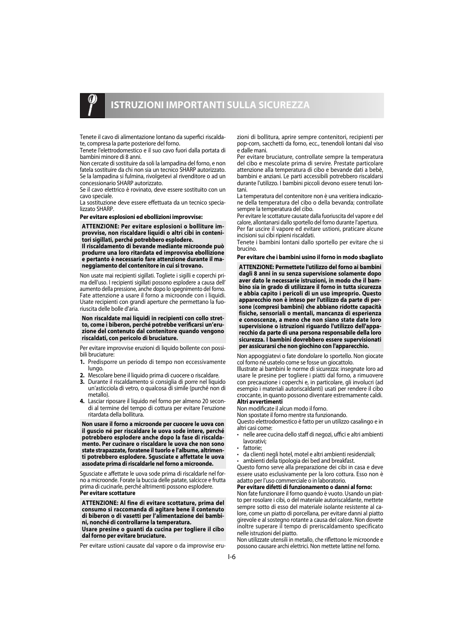 Istruzioni importanti sulla sicurezza | Sharp R-28STW Four à micro-ondes solo User Manual | Page 72 / 180