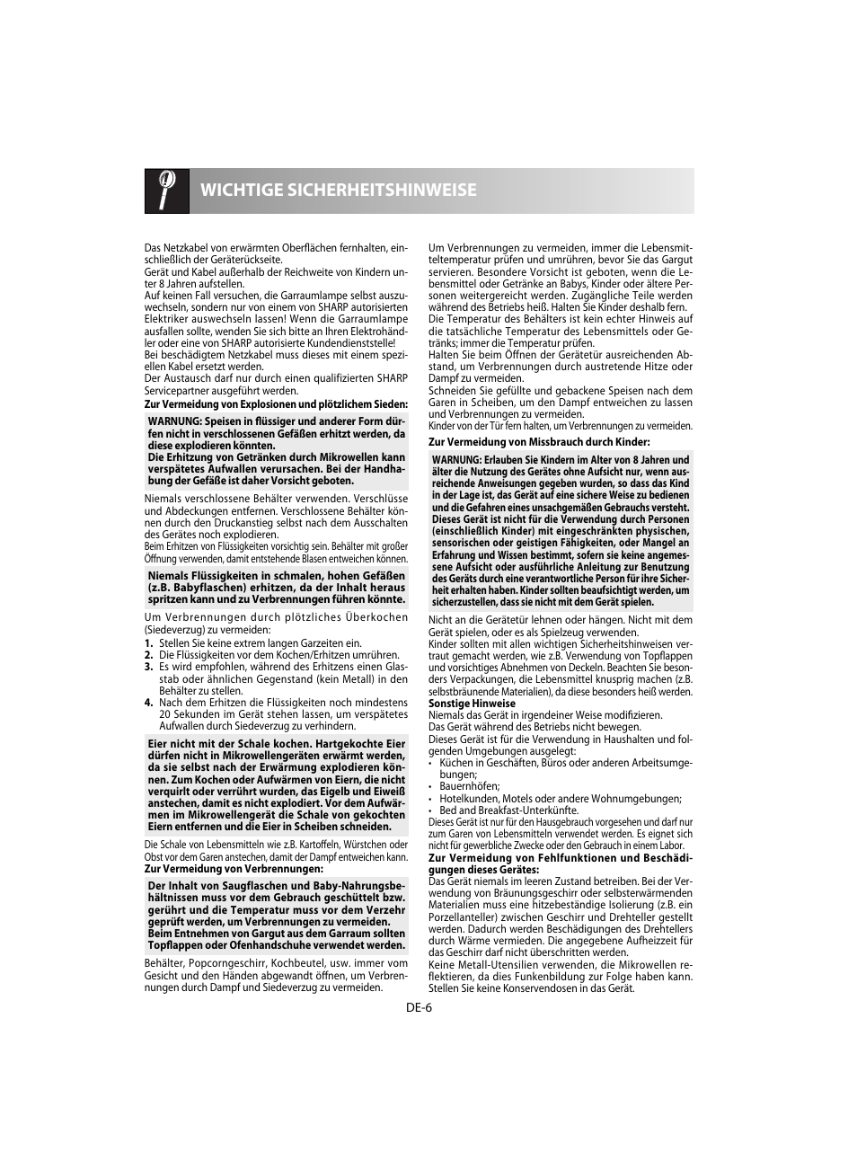 Wichtige sicherheitshinweise | Sharp R-28STW Four à micro-ondes solo User Manual | Page 8 / 180
