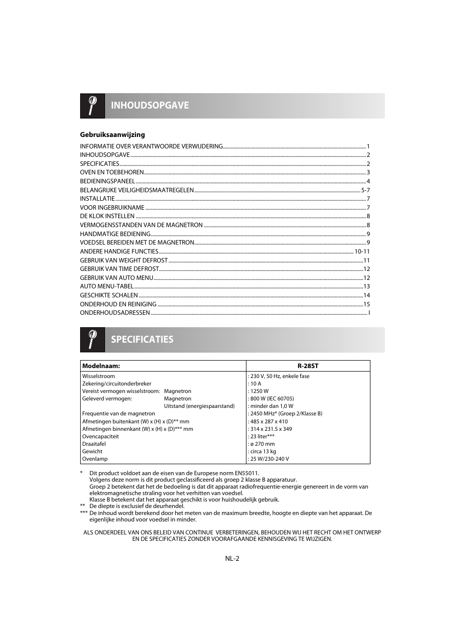 Specificaties inhoudsopgave | Sharp R-28STW Four à micro-ondes solo User Manual | Page 84 / 180