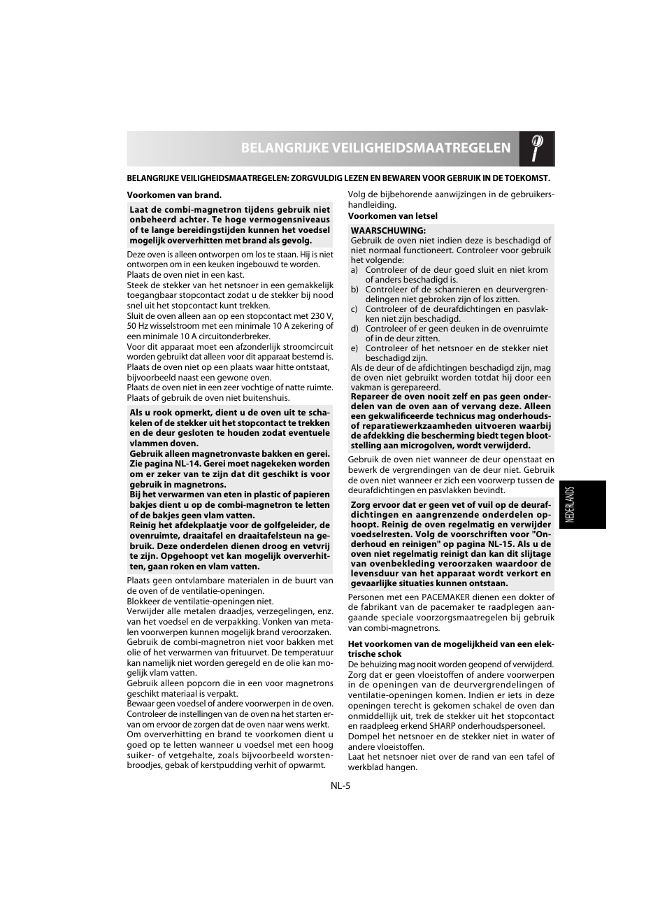 Belangrijke veiligheidsmaatregelen | Sharp R-28STW Four à micro-ondes solo User Manual | Page 87 / 180