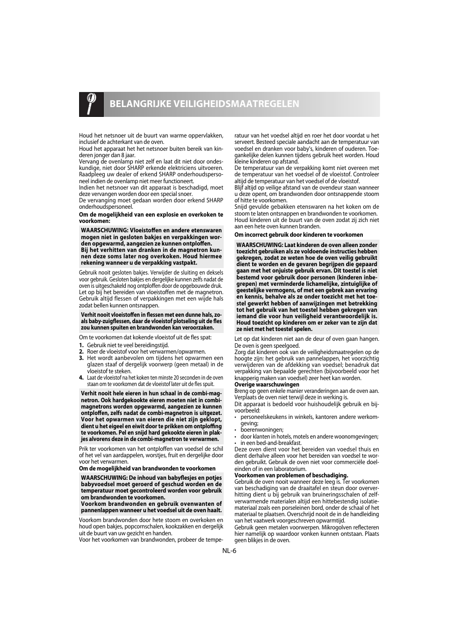 Belangrijke veiligheidsmaatregelen | Sharp R-28STW Four à micro-ondes solo User Manual | Page 88 / 180