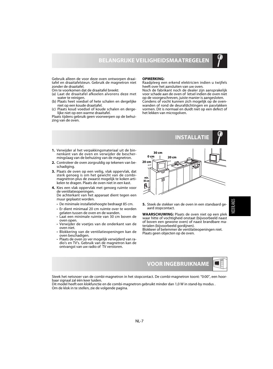 Installatie belangrijke veiligheidsmaatregelen, Voor ingebruikname, Nederlands | Sharp R-28STW Four à micro-ondes solo User Manual | Page 89 / 180