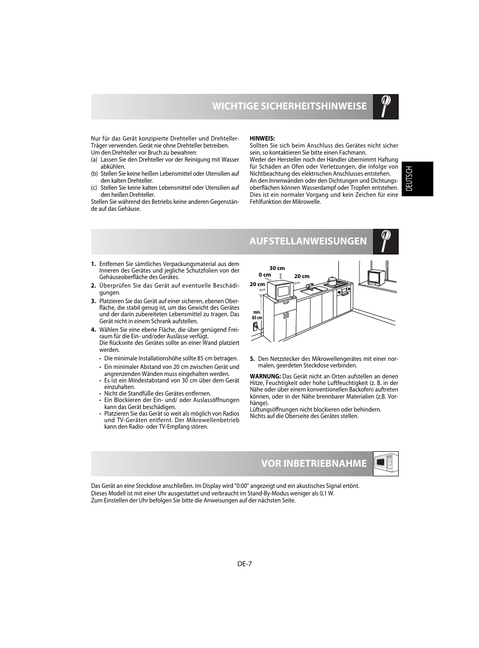 Aufstellanweisungen wichtige sicherheitshinweise, Vor inbetriebnahme, Deutsch | Sharp R-28STW Four à micro-ondes solo User Manual | Page 9 / 180