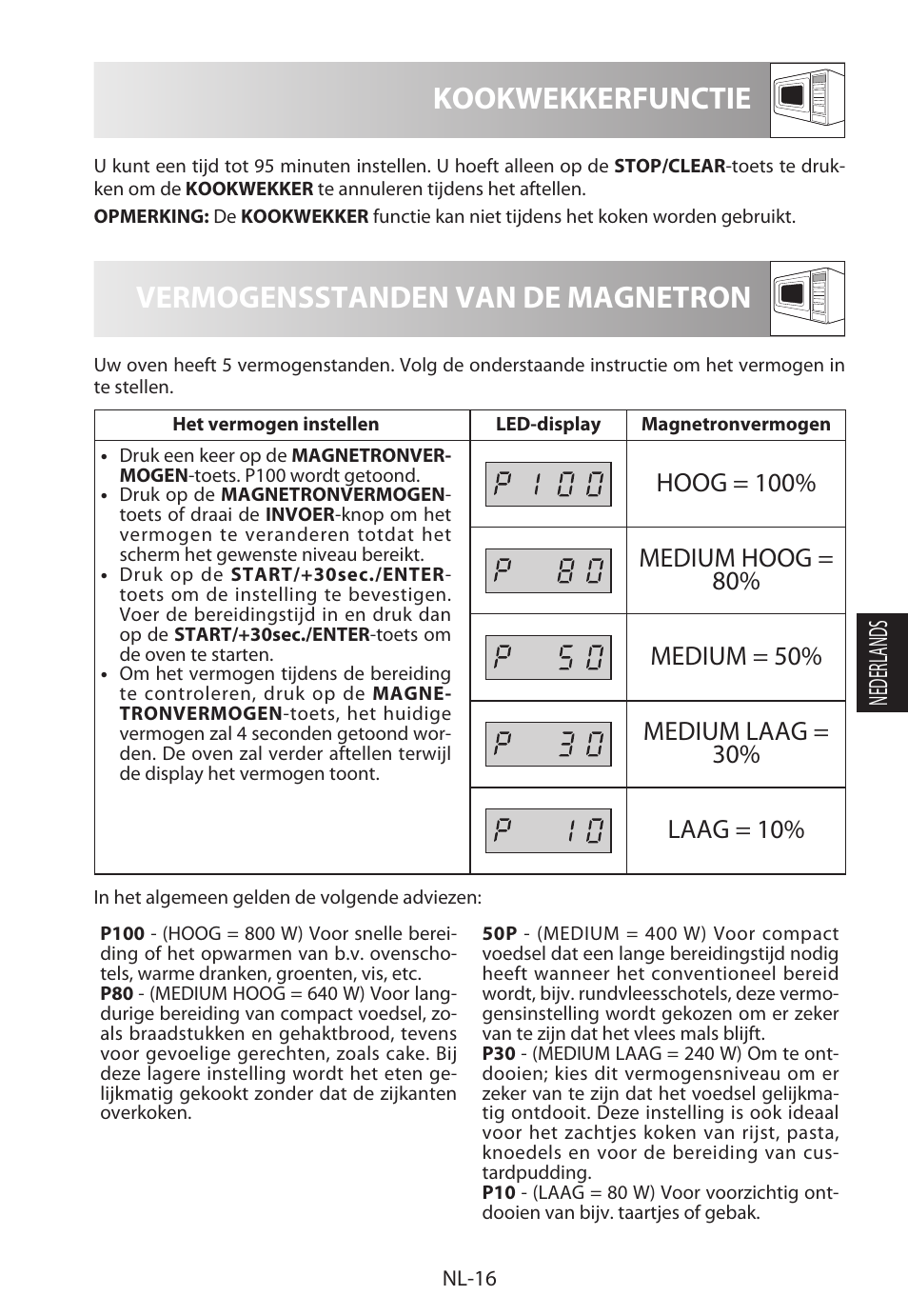 Vermogensstanden van de magnetron, Kookwekkerfunctie, Nederlands | Sharp R-222STWE Four à micro-ondes solo User Manual | Page 115 / 246