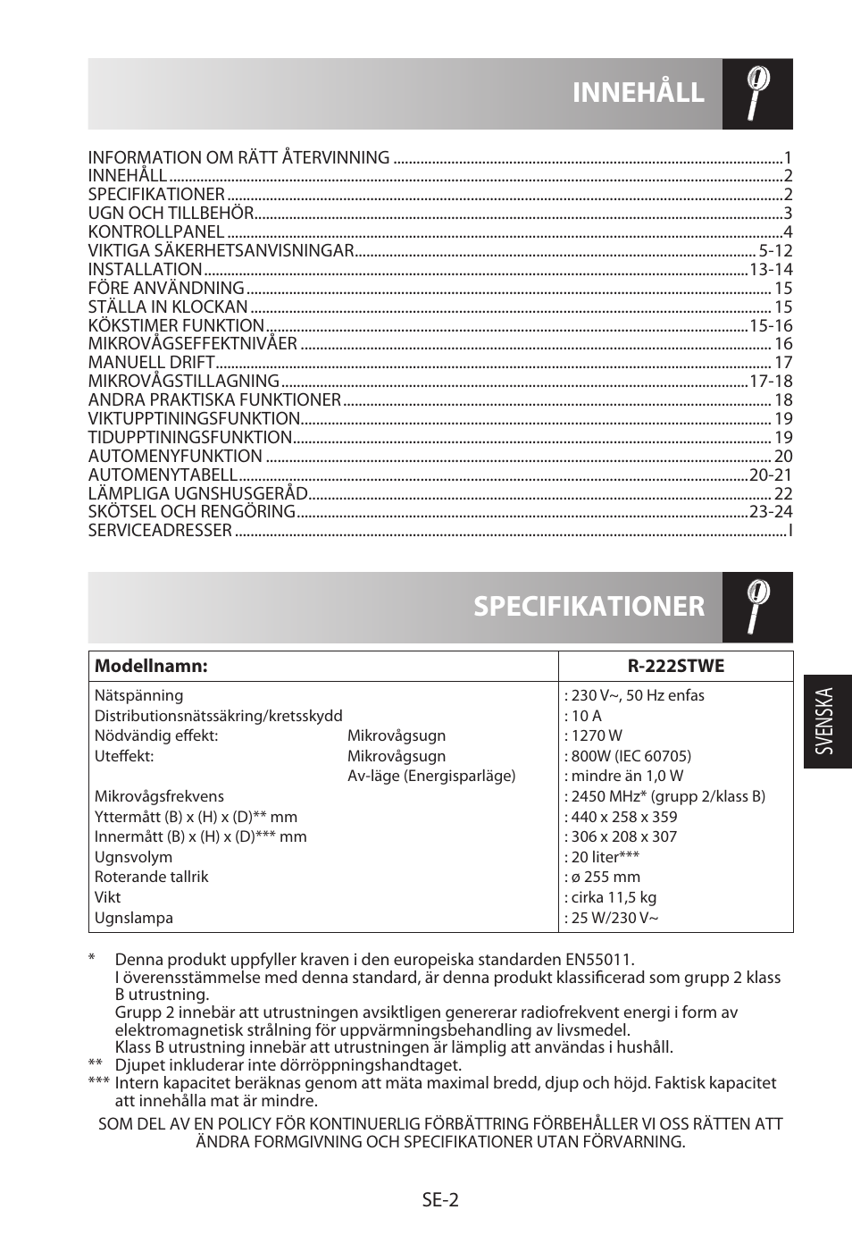 Specifikationer innehåll, Svensk a, Se-2 | Sharp R-222STWE Four à micro-ondes solo User Manual | Page 125 / 246