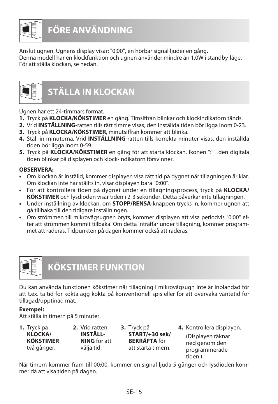 Före användning ställa in klockan, Kökstimer funktion | Sharp R-222STWE Four à micro-ondes solo User Manual | Page 138 / 246
