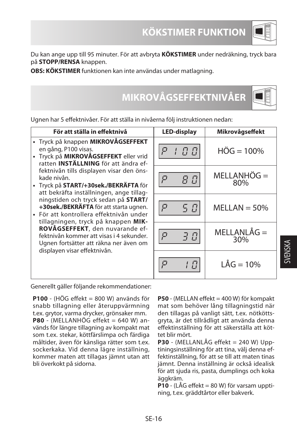 Mikrovågseffektnivåer, Kökstimer funktion, Svensk a | Sharp R-222STWE Four à micro-ondes solo User Manual | Page 139 / 246