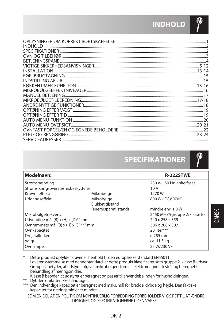 Specifikationer indhold, Da ns k | Sharp R-222STWE Four à micro-ondes solo User Manual | Page 149 / 246